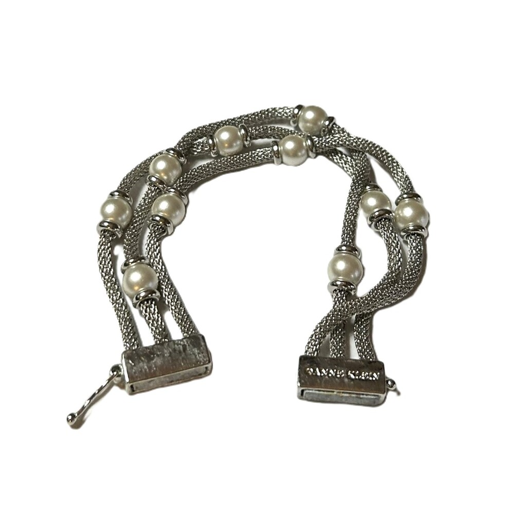 Vintage Anne Klein Silver Tone Mesh Chain Bracelet with faux Pearl Beads - Picture 3 of 3